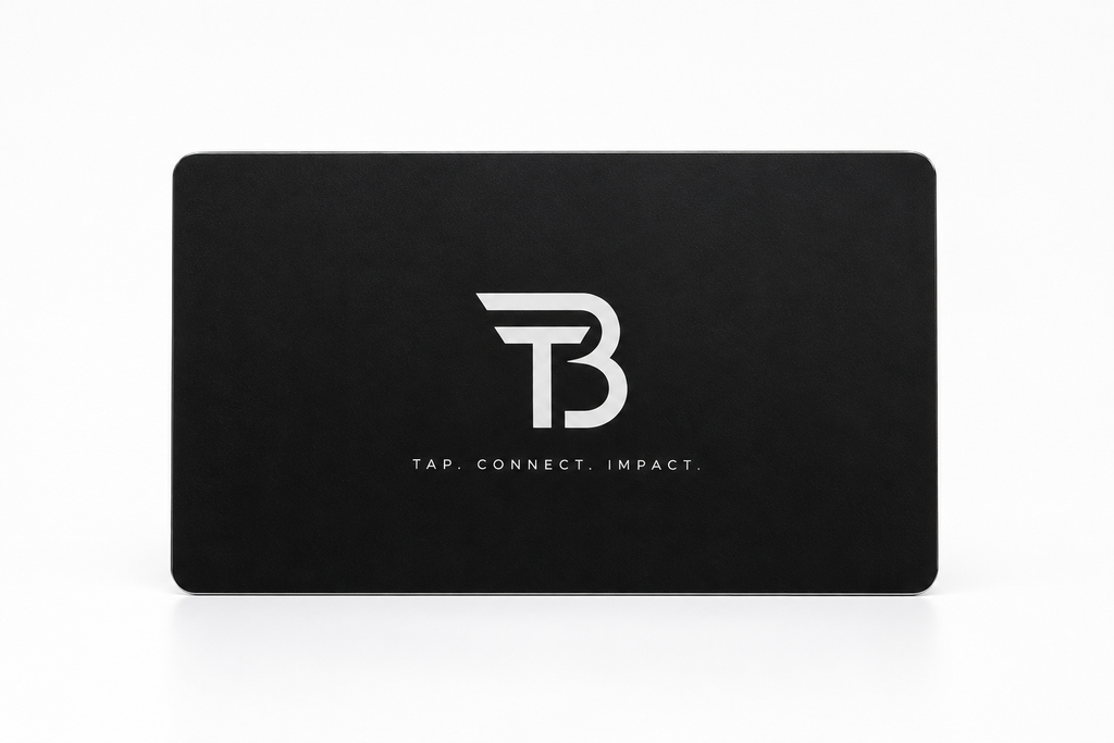 BLACKTAP matte black metal NFC business card, front, with the monogram and TAP. CONNECT. IMPACT.