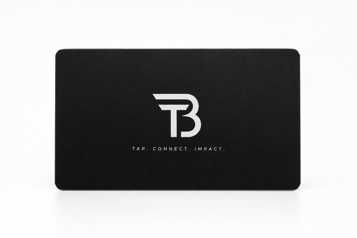 BLACKTAP matte black metal NFC business card, front, with the monogram and TAP. CONNECT. IMPACT.