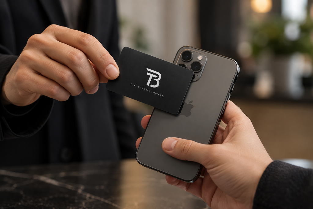 A BLACKTAP card being tapped against the back of an iPhone