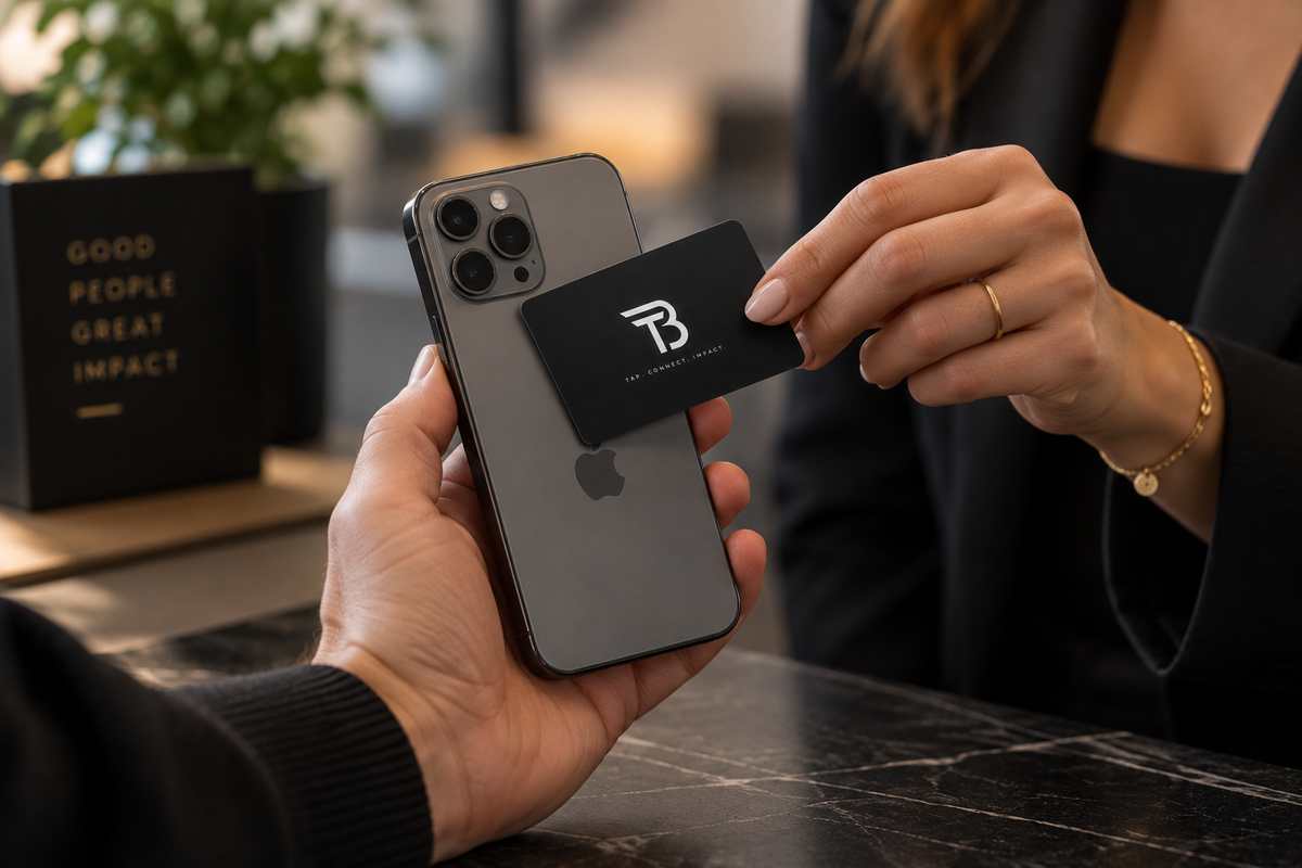 A BLACKTAP card being tapped against an iPhone across a reception desk